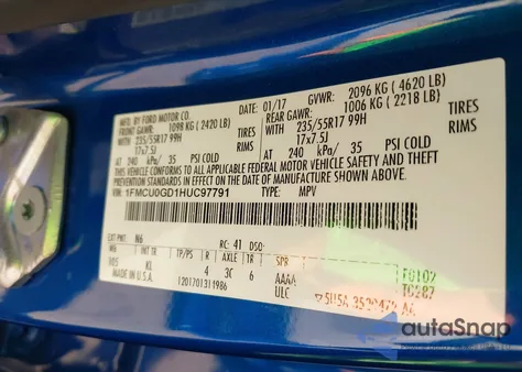 2017 Ford Escape Se from USA, damaged, VIN 1FMCU0GD1HUC97791